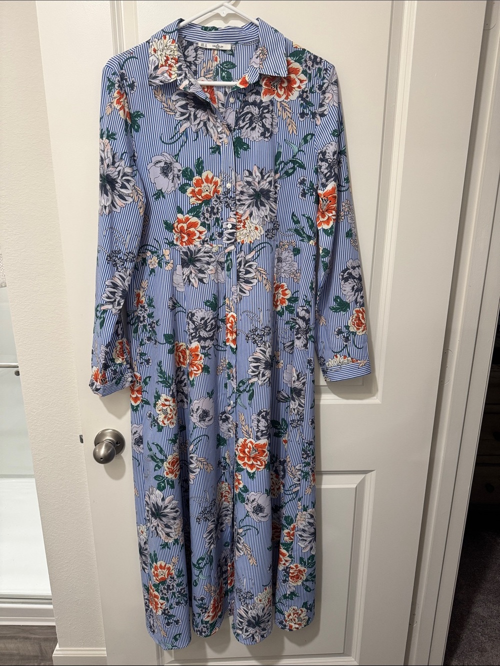 Blue Floral Stripe Long-Sleeve Maxi Dress